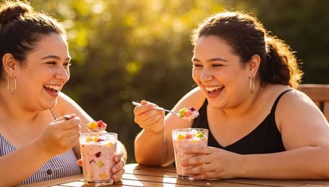 Two women laughing and eating colorful fruit parfaits on sunny outdoor patio wooden table