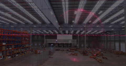 Futuristic Warehouse with Digital Financial Graphs