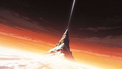 Rising jagged snow peak sending vertical light beam toward glowing orange horizon