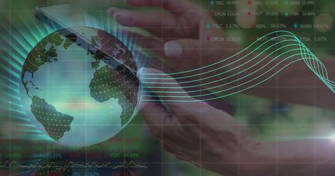 Holding female hands scrolling smartphone with holographic globe, financial data overlay