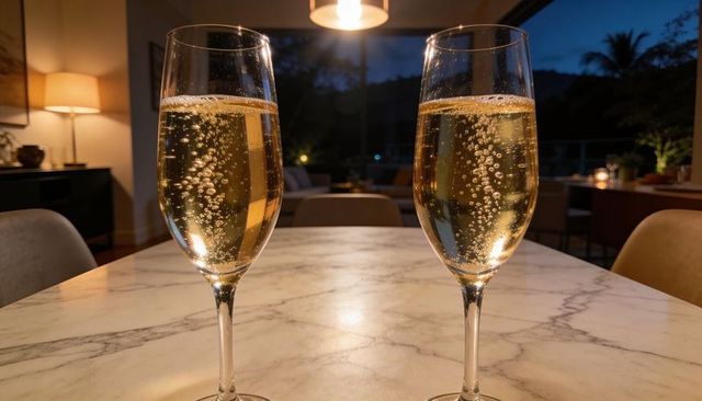 Two champagne flutes on marble table at dusk with bubbles rising and warm ambient light