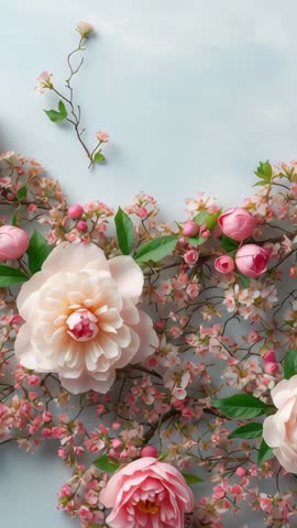 Vertical video showcasing overhead flatlay of pink camellia blooms and delicate blossoms