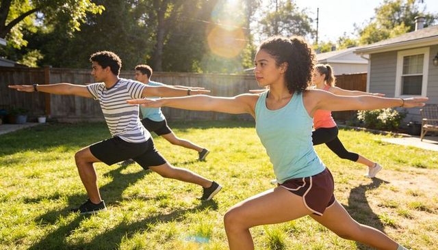 Performing outdoor lunge workout in sunny suburban backyard with diverse fitness group