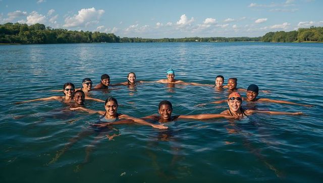 Multiethnic swimmers forming linked circle and smiling while floating on calm summer lake