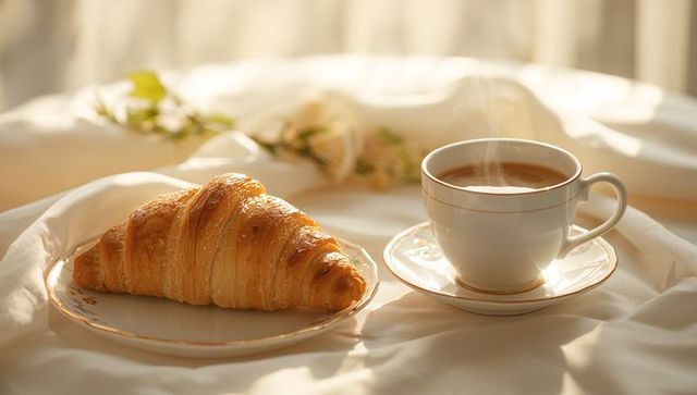 Golden croissant on gold-rimmed plate with steaming cup of coffee on sunlit linens
