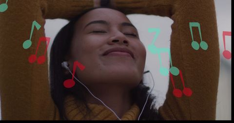 Woman Enjoying Music in Urban Environment with Colorful Notes