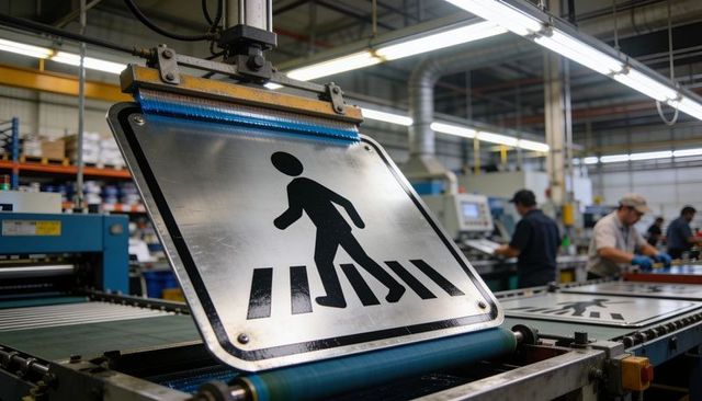 Printing pedestrian crossing sign traveling on conveyor in sign assembly factory
