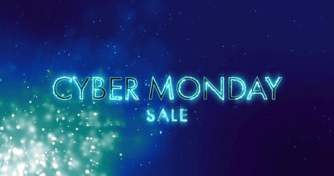 Glowing neon cyber monday sale banner featuring futuristic turquoise typography and bokeh