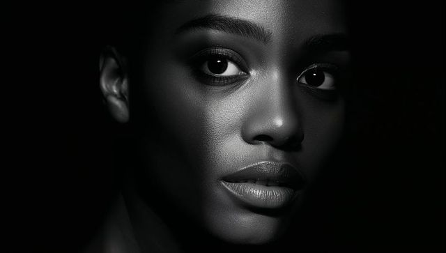 High-contrast monochrome closeup portrait with dramatic split lighting and catchlights
