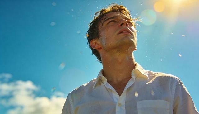Sunlit young man standing and looking upward wearing wet white shirt with water droplets