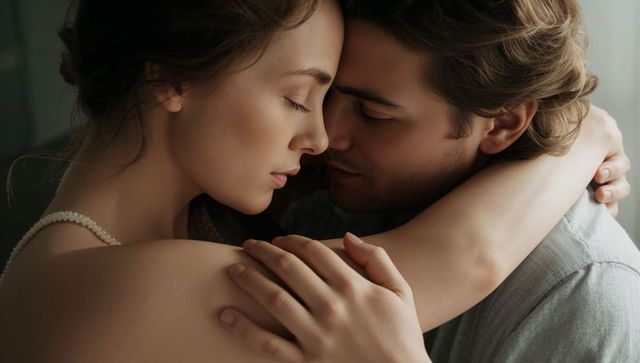 Young couple embracing tenderly in soft light, pearl-strap top, intimate romantic closeup