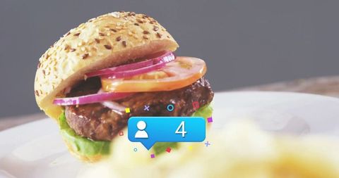 Gourmet Burger with Digital Social Media Icon Overlay