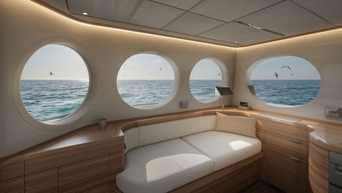 Sunlit yacht cabin with curved white sofa, four porthole ocean views, nautical interior
