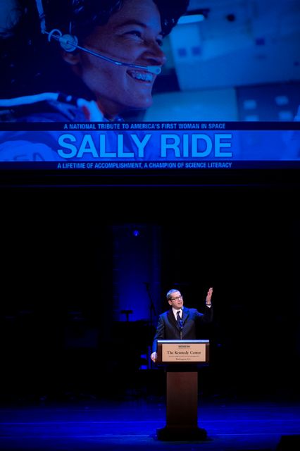 Miles O'Brien of PBS serves as master of ceremonies during a National Tribute to Sally Ride at the John F. Kennedy Center for the Performing Arts, Monday, May 20, 2013 in Washington. Photo Credit: (NASA/Bill Ingalls)