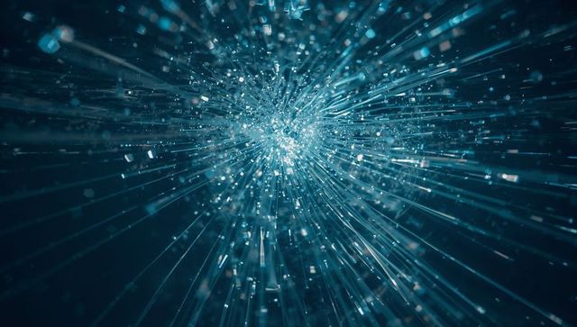 Radiating Teal Energy Burst Emitting Particle Trails and Bokeh from Luminous Central Core