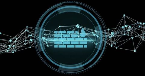Neon firewall protecting network mesh with futuristic hud interface and cybersecurity glow