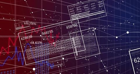 Holographic keyboard interface floating over 3d analytics network with neon data streams