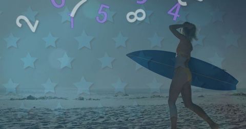 Surfer Walking Beach as Stars Illuminate Inspirational Journey