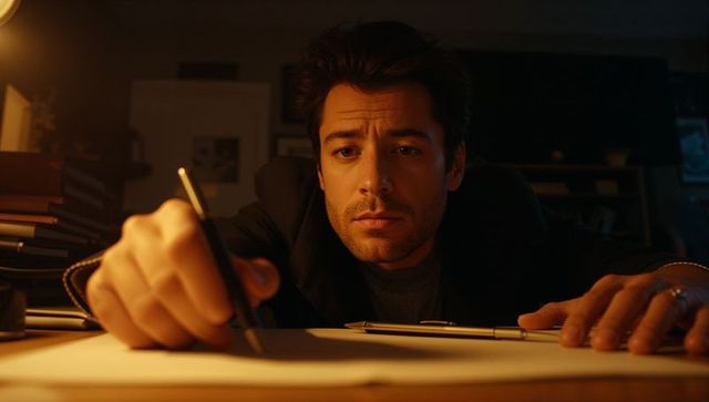 Intense man sketching at wooden desk late night, warm lamp lighting, creative writer mood