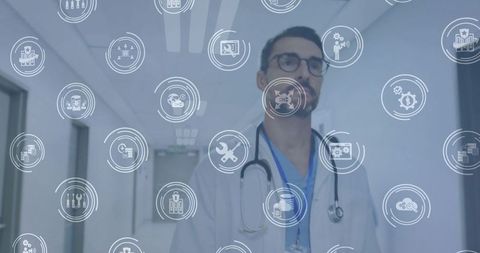 Doctor Walking Hospital Corridor While Diagnostic Icons Overlay