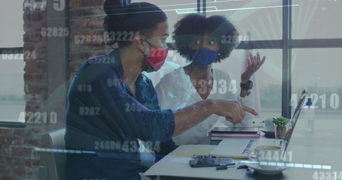 Diverse Business Team Wears Masks Amidst Digital Numbers and Pandemic Imagery