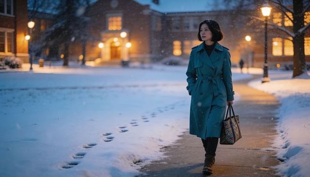 Solitary woman walking on snowy university campus at dusk wearing teal trench coat and tote