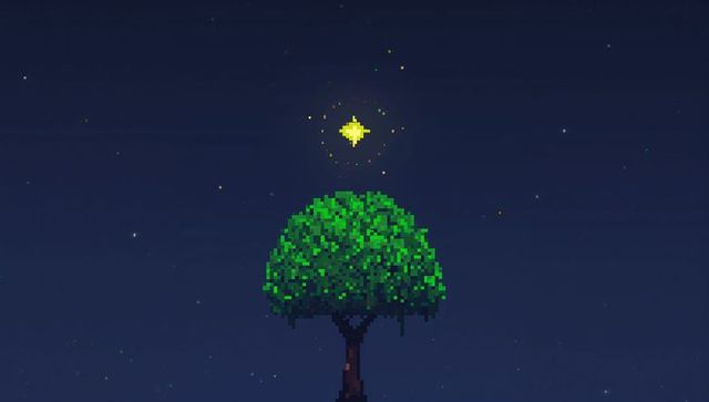 Retro pixel art night scene with glowing star hovering above lone tree under starry sky