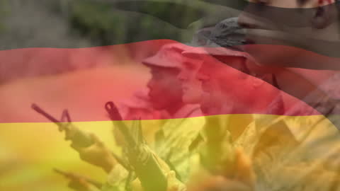 German Flag Overlay on Soldiers with Guns in Focused Mood