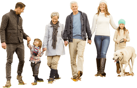 Happy Caucasian Family Strolling with Dog on Transparent Background