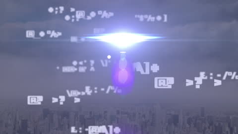 Digital Code Overlay on Cityscape Depicting Connectivity