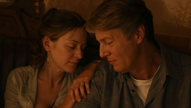 Couple sharing tender moment in cozy wooden booth, woman showing engagement ring