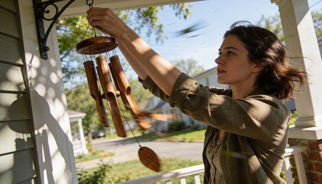 Reaching up to hang wooden wind chime on sunny suburban porch