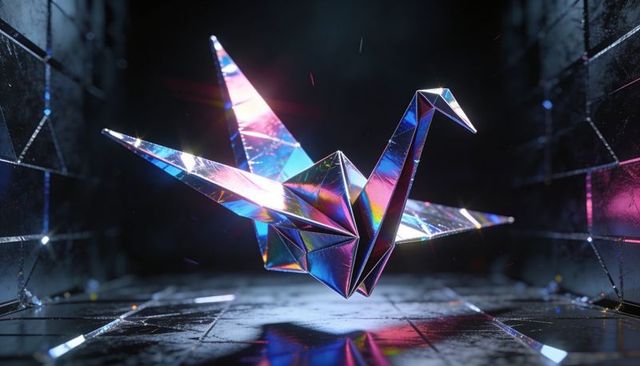 Floating holographic origami crane refracting neon cyan-magenta light over wet metallic floor