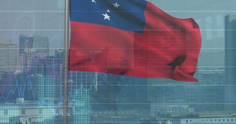 Samoan Flag Over Urban Skyline with Financial Graphs Symbolizing Economic Growth
