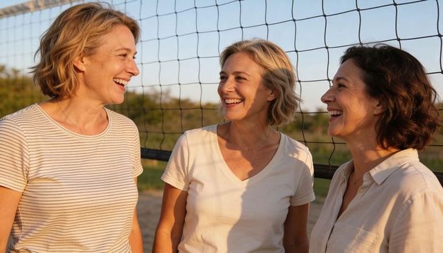 Three women laughing and chatting by beach volleyball net at golden hour