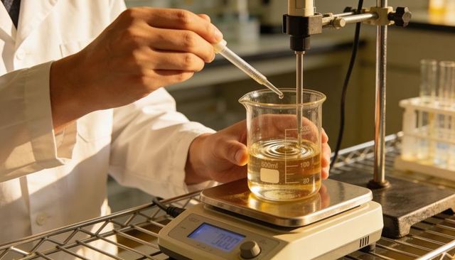 Lab technician pipetting into 500ml beaker on digital balance for precision measurement