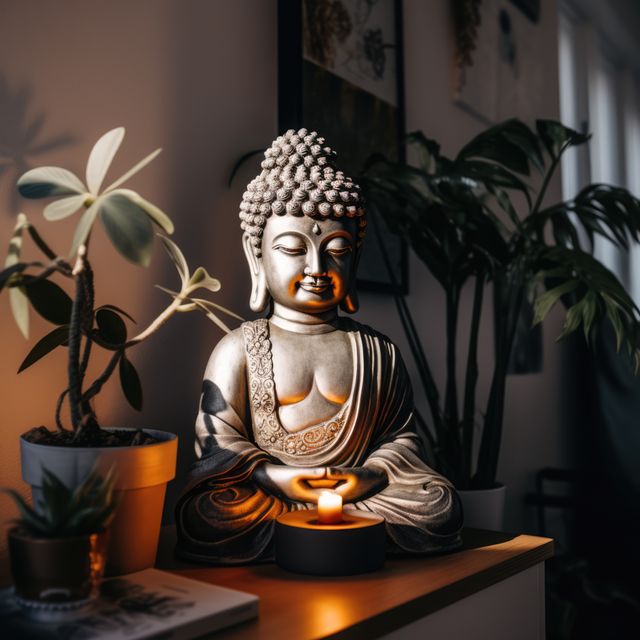 Buddha statue adorned with intricate details illuminated by warm candlelight in modern home interior alongside lush indoor plants, used for promoting mindfulness, tranquility, zen living space.