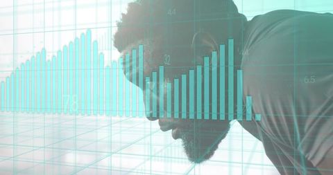 Data-driven leader leaning over interactive teal bar chart visualization and analytics