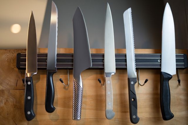 Close-up view of various kitchen knives hanging on a wall-mounted magnetic strip. Ideal for illustrating kitchen organization, culinary tools, or professional cooking environments. Useful for articles on kitchen safety, knife maintenance, or cooking tutorials.