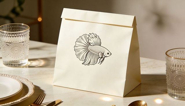 Cream folded-top lunch bag with elegant betta fish line art on marble dining table