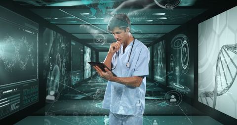 Doctor analyzing digital medical data in futuristic environment
