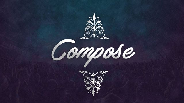 Image depicting the word 'Compose' in bold, artistic typography set against an abstract dark background with intricate flourish designs on top and bottom. Ideal for creative projects, motivational posters, artistic publications, and web design.
