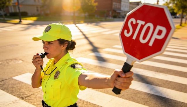 Traffic officer directing pedestrians with stop sign and whistle at sunny urban crosswalk