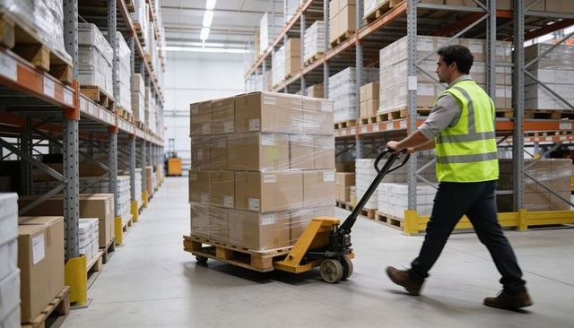 Warehouse worker guiding pallet jack with wrapped boxes in high-visibility vest for logistics hub