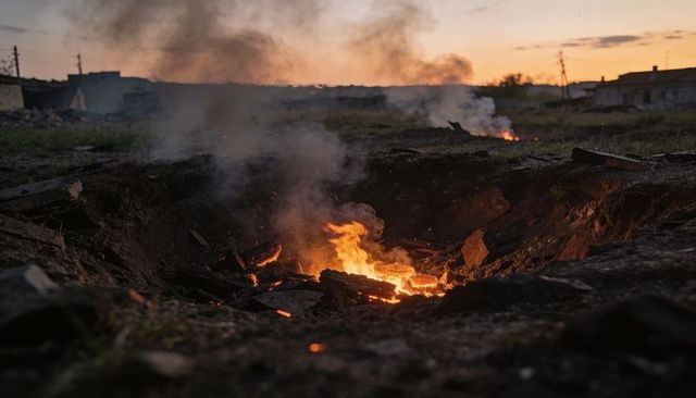 Burning crater at dusk with smoldering flames, thick smoke and charred rubble