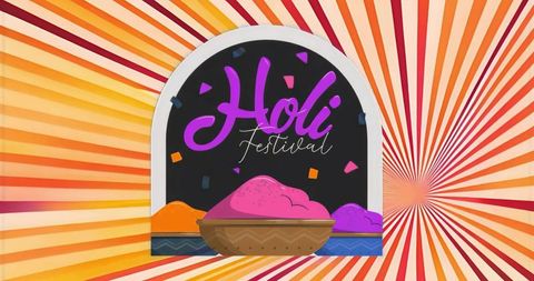 Vibrant holi festival arch poster with color powder bowls confetti and sunburst stripes