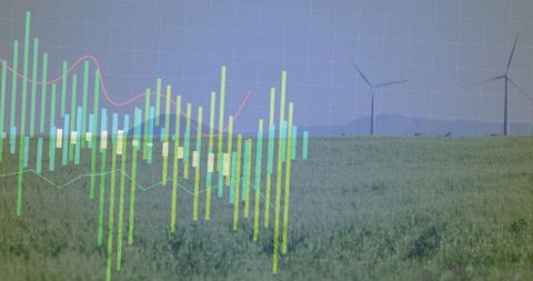 Futuristic Data Visualization Over Wind Farm Landscape