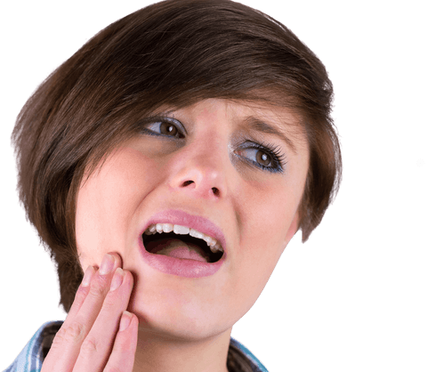 Brunette woman with toothache on transparent background