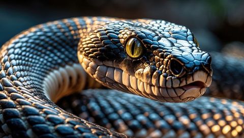 Close-up of snake with piercing yellow eyes in natural habitat