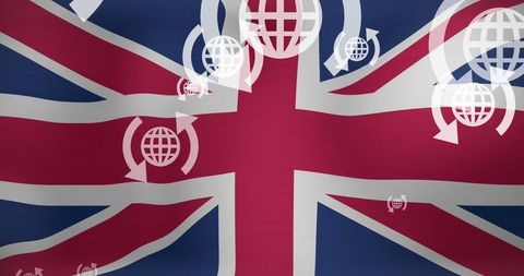 Global connectivity symbols overlaying british flag